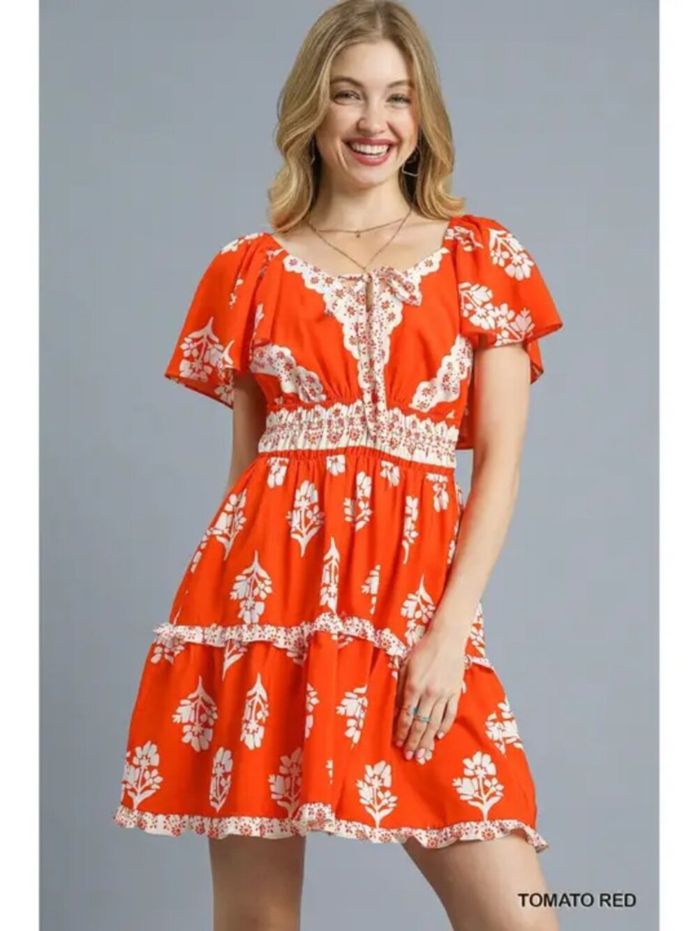 B77 Umgee Floral Ruffle Trim Tiered Mini Dress Tomato Red NEW